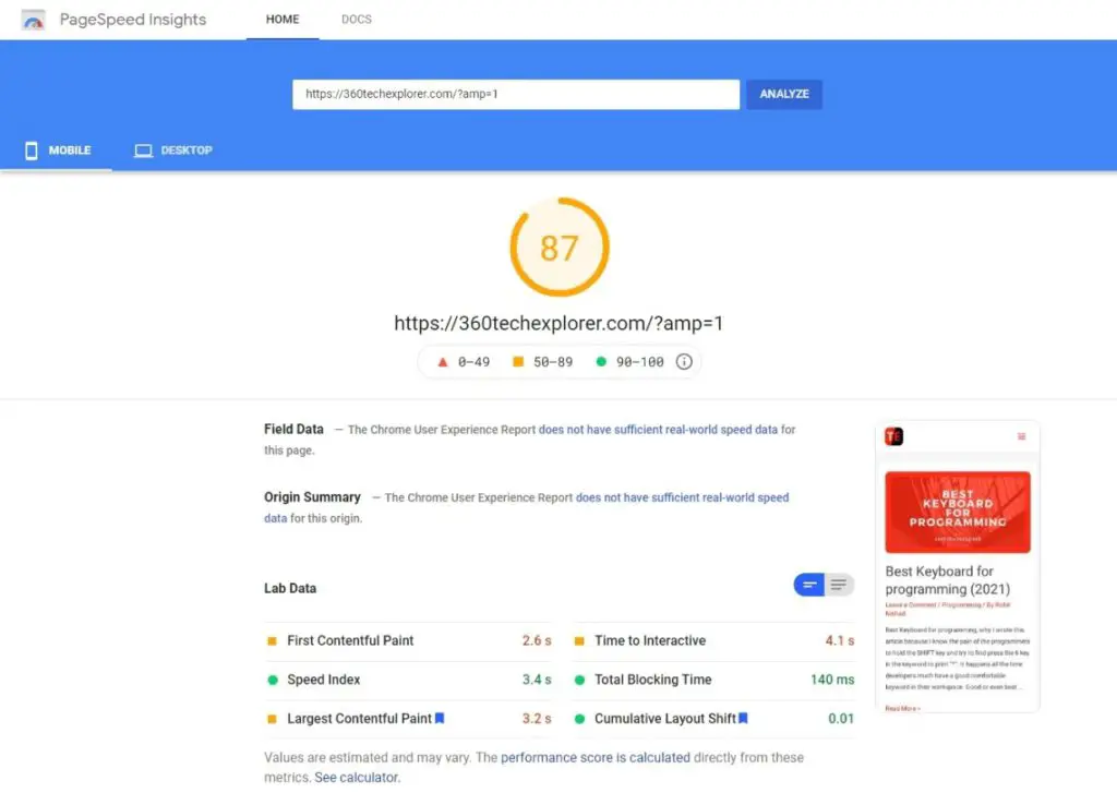 Google Pagespeed insights test of 360techexplorer.com