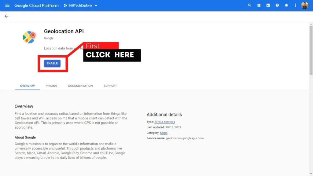 Go to Geolocation API then click Enable