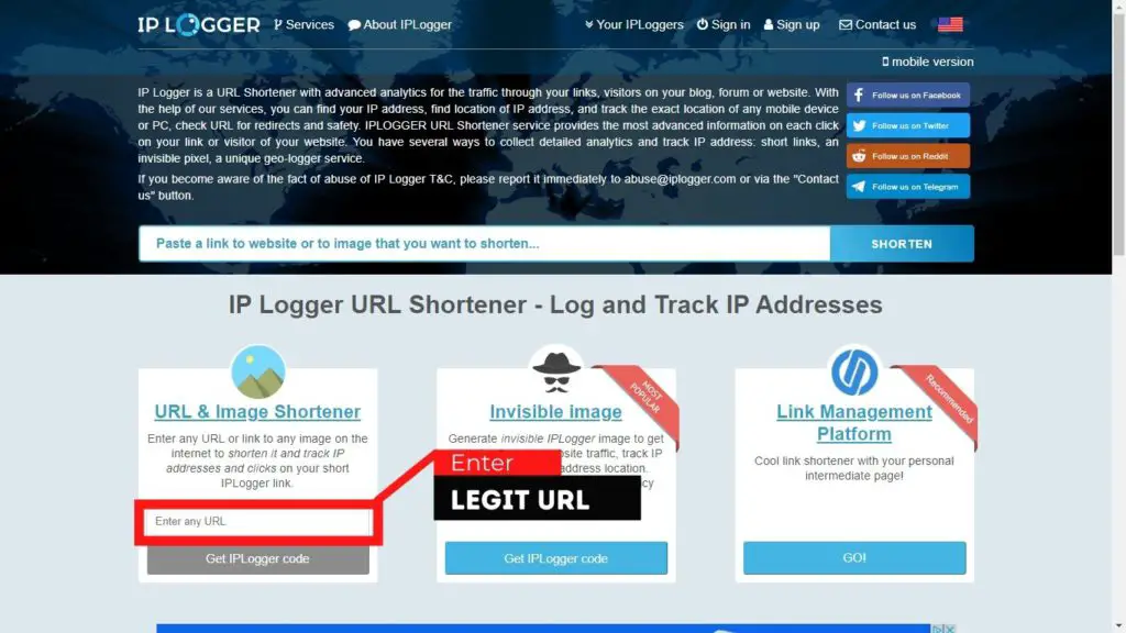 Open iplogger.org and past your URL